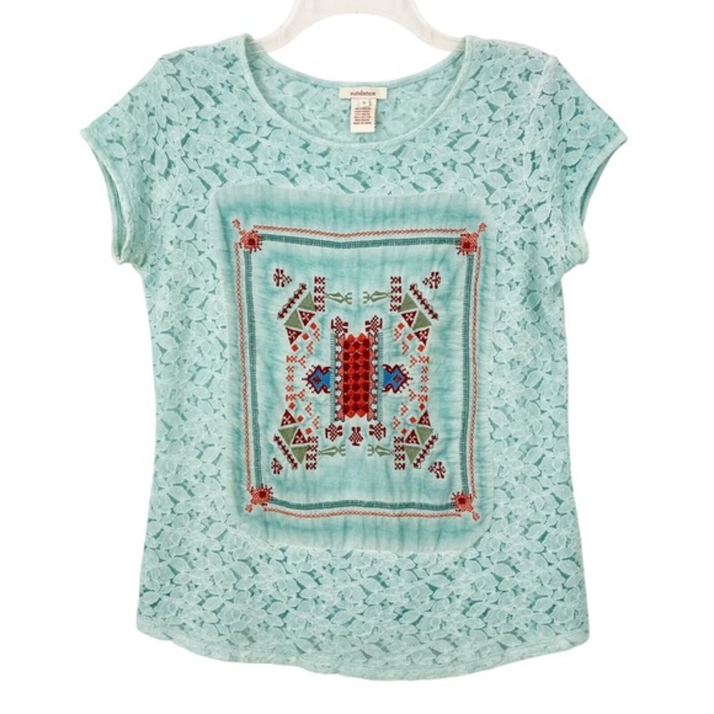 Sundance Ode to Vintage Embroidered Lace Short Sleeve Top Size S Scoop Neck Boho